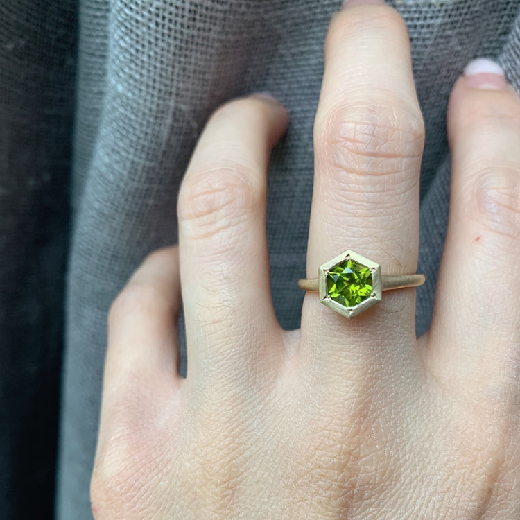 14k Peridot Hexagon Ring